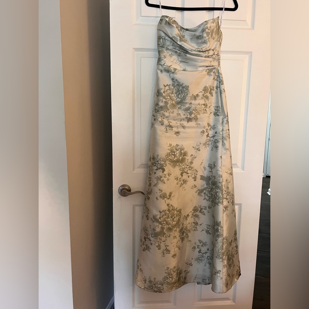 Ivory Satin Strapless Floral Evening Dress